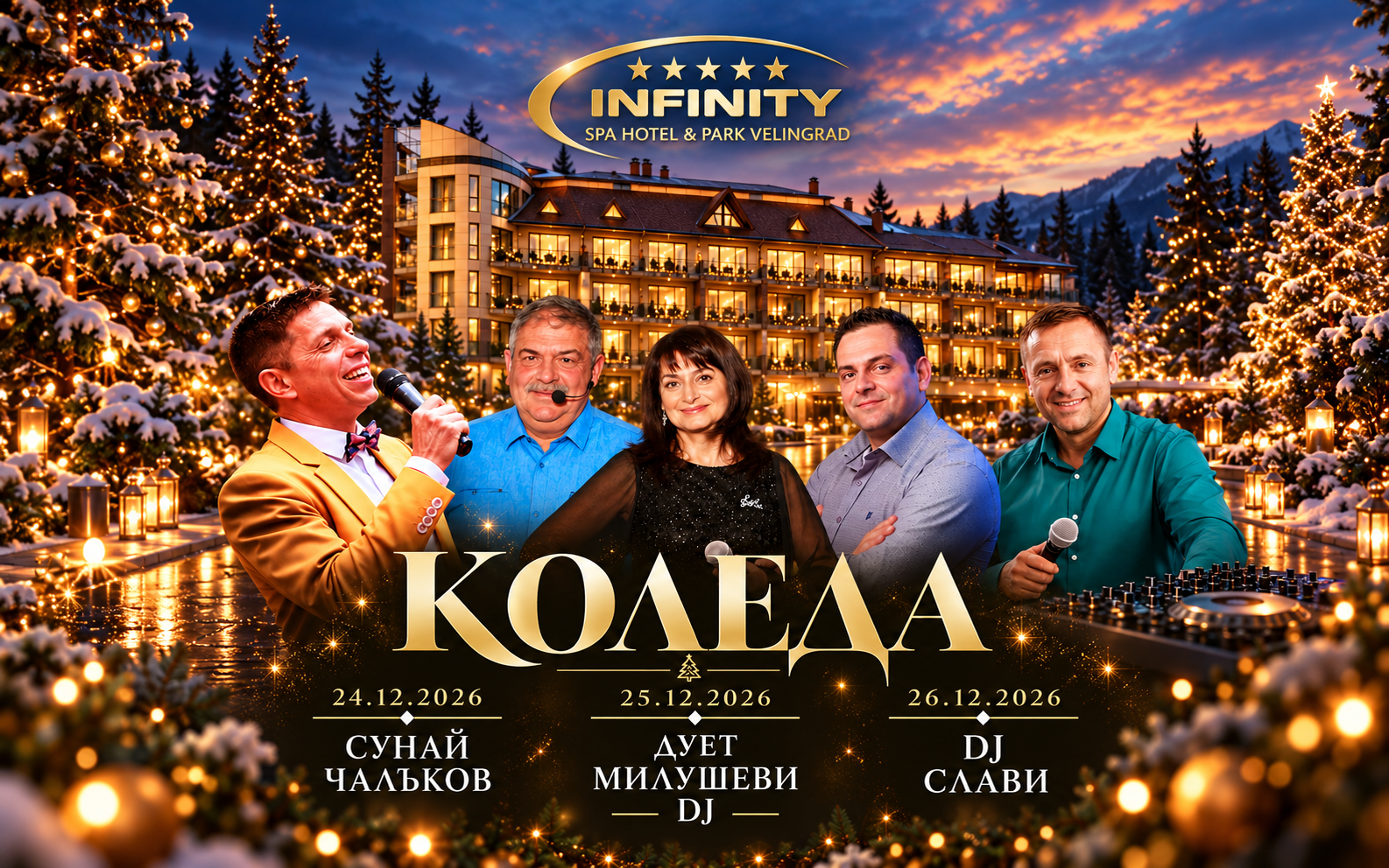 Коледа 2026 в Hotel Infinity Park & Spa Велинград – празнична програма със Сунай Чалъков, Дует Милушеви и Ди Джей Слави